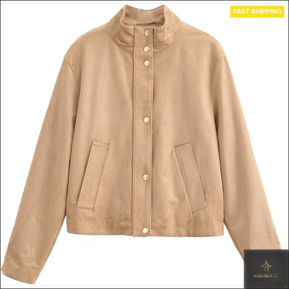 Faux Suede Utility Jacket with Pockets High Neck Casual Coat